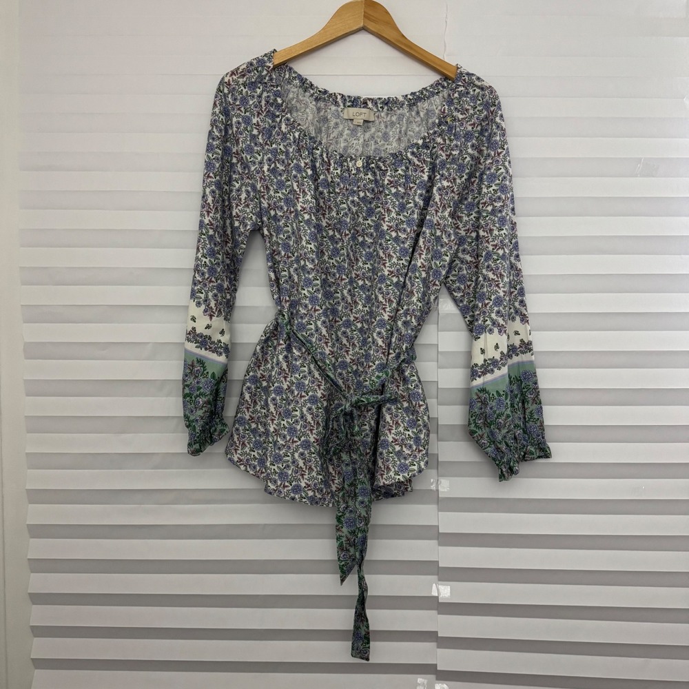LOFT Womens Fairy Floral Peasant Blouse Long Sleeve Tie Waist Top L Cottagecore